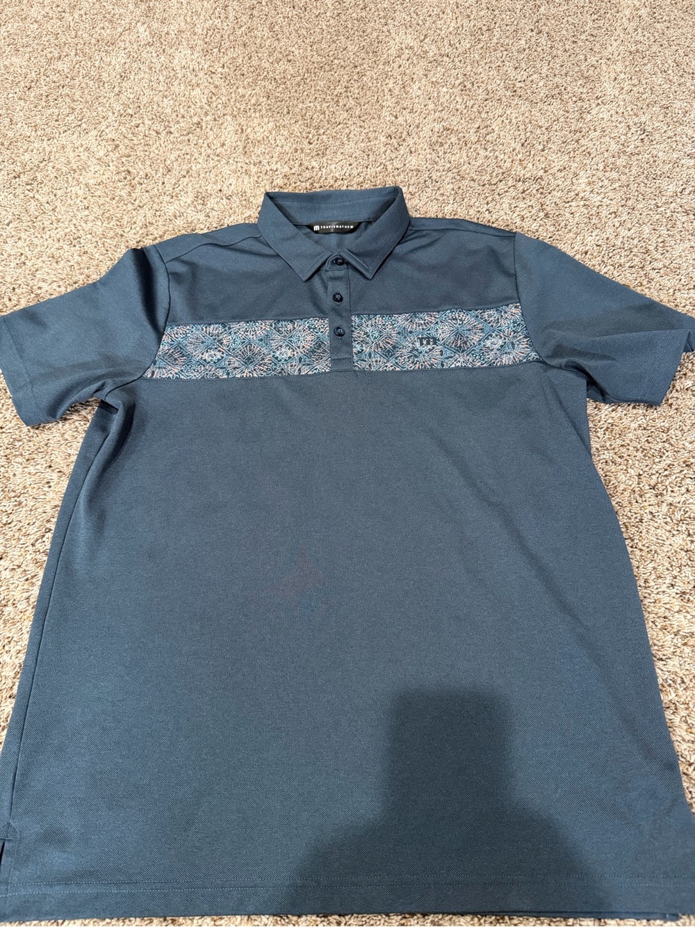 Travis Mathew Blue Polo with Geometric Chest Band Size Large